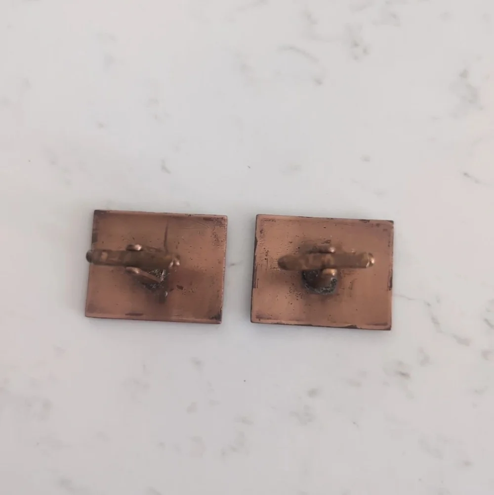Vintage Mid Century Copper Enamel Cufflinks Abstract Modernist Signed RC